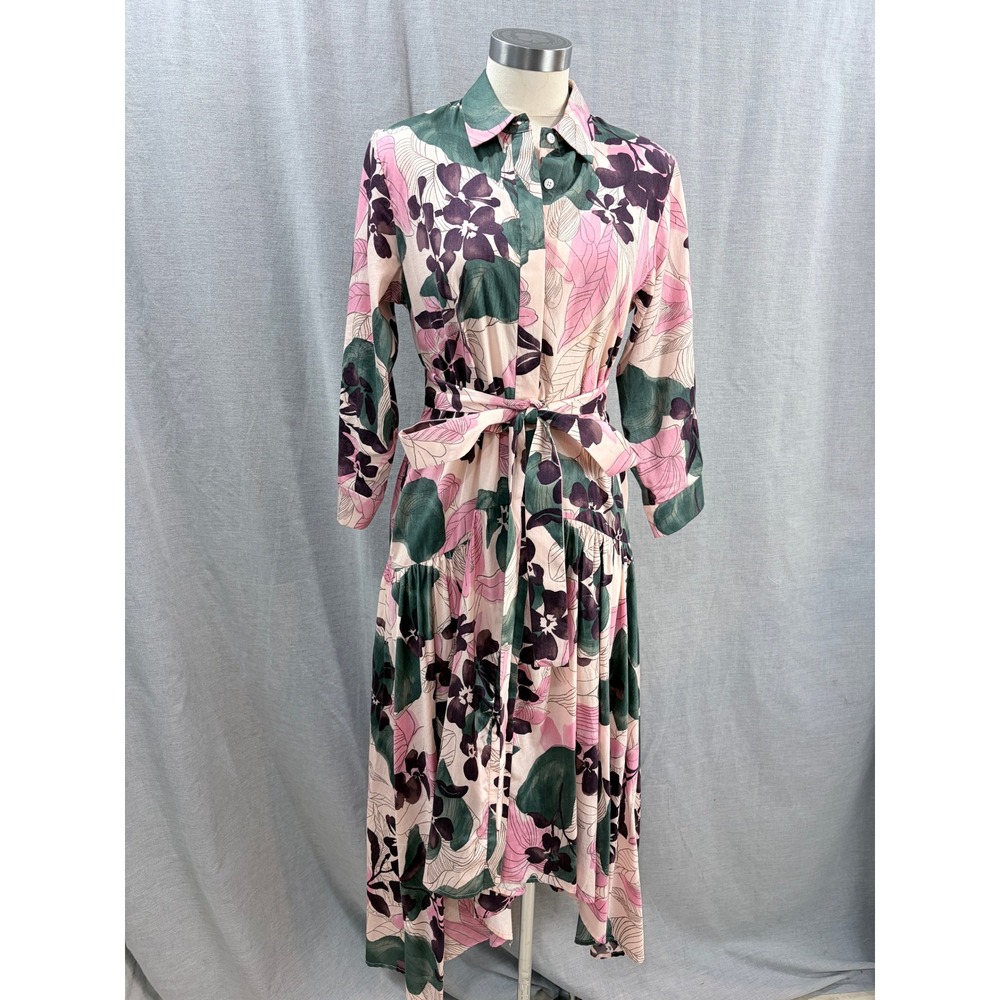 Alexis Beatrice Pink Green Floral Cotton Shirtdress Tiered High Low Midi Dress M